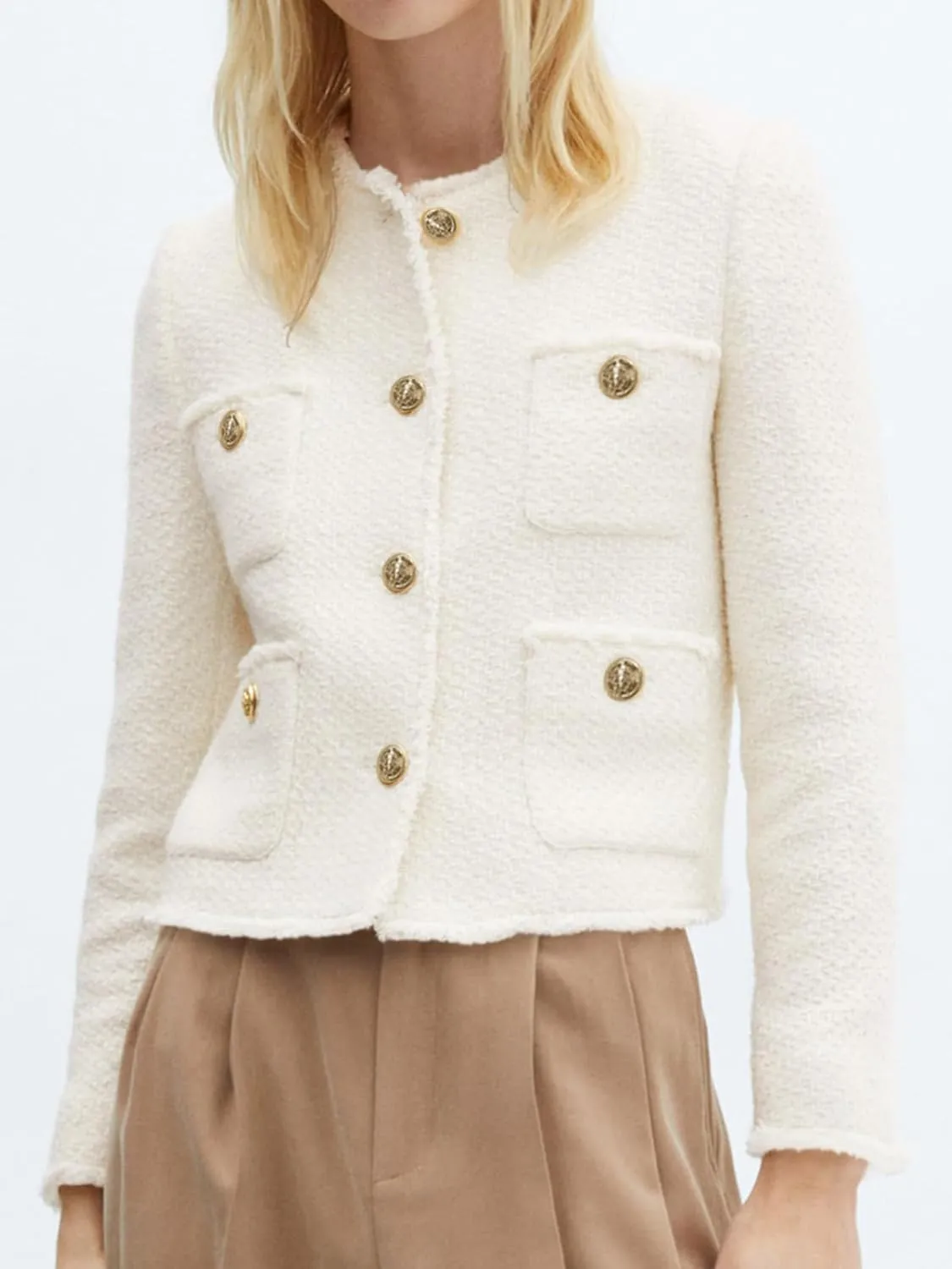 Cicy Bell Womens Cropped Tweed Blazer Collarless Casual Business Suit Jacket Fall Elegant Outerwear
