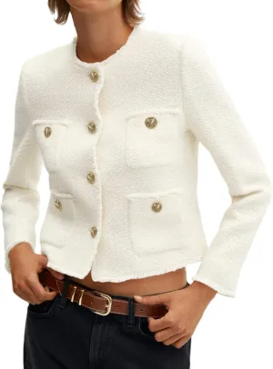 Cicy Bell Womens Cropped Tweed Blazer Collarless Casual Business Suit Jacket Fall Elegant Outerwear