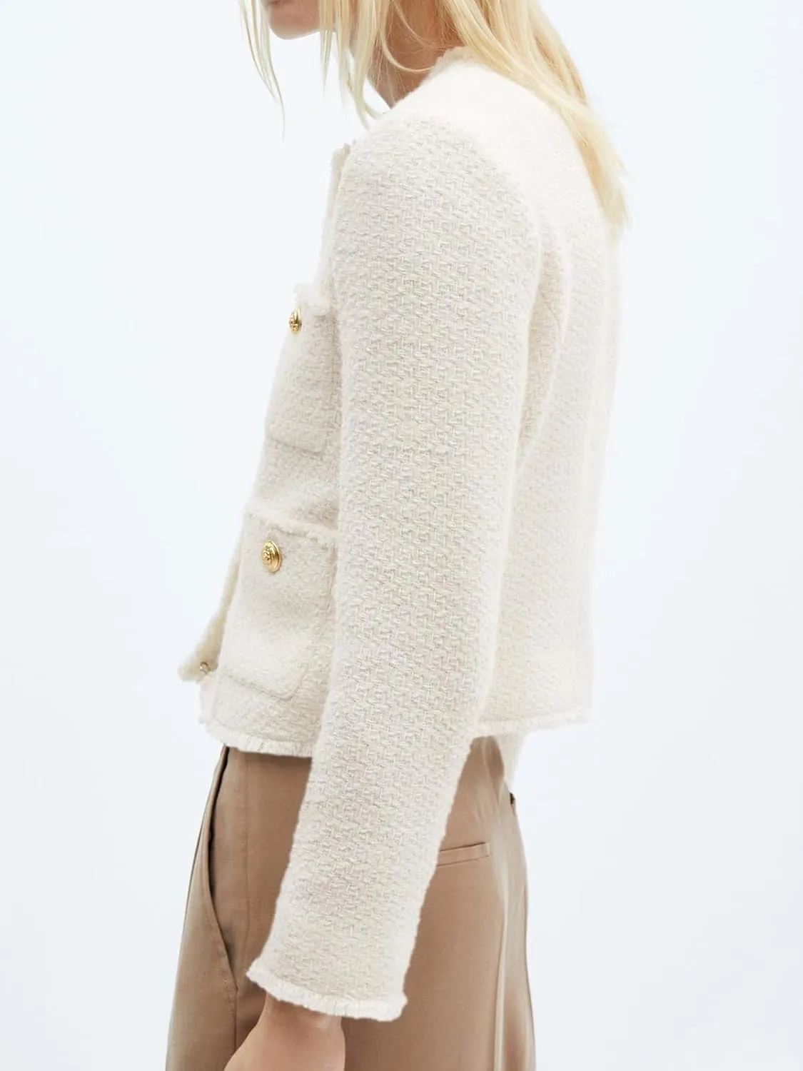 Cicy Bell Womens Cropped Tweed Blazer Collarless Casual Business Suit Jacket Fall Elegant Outerwear