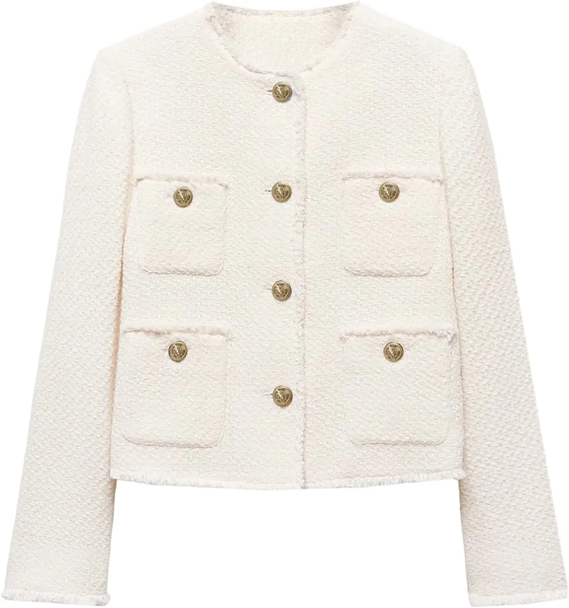 Cicy Bell Womens Cropped Tweed Blazer Collarless Casual Business Suit Jacket Fall Elegant Outerwear