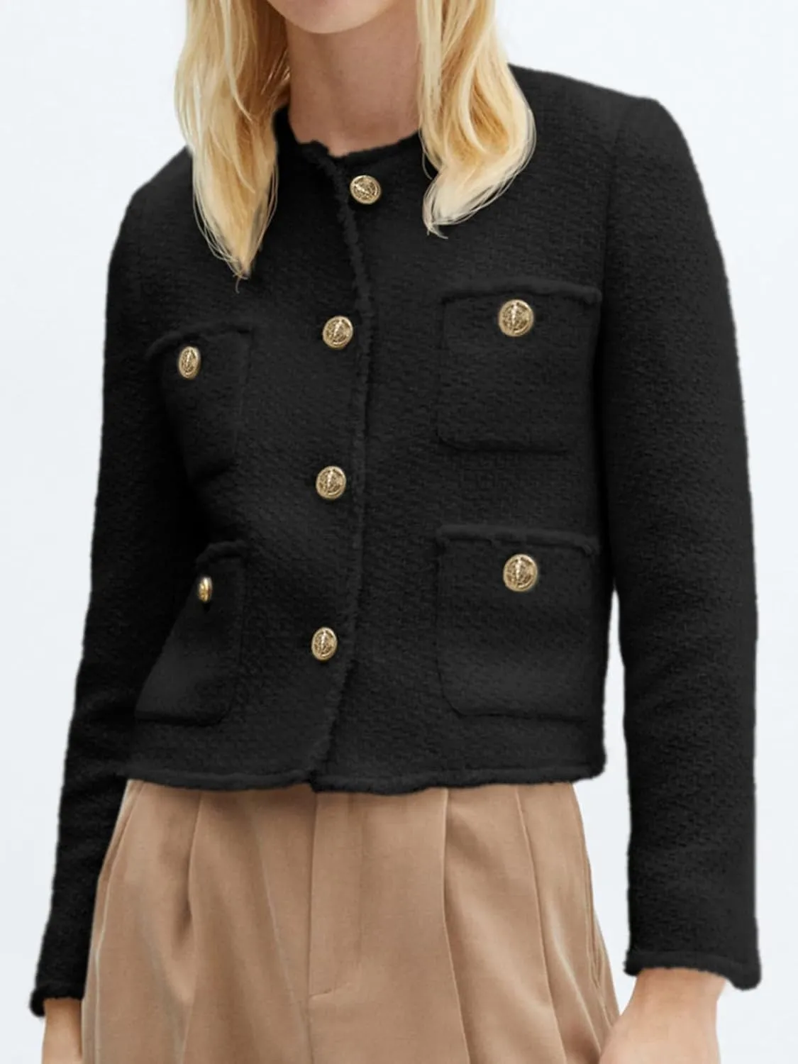 Cicy Bell Womens Cropped Tweed Blazer Collarless Casual Business Suit Jacket Fall Elegant Outerwear
