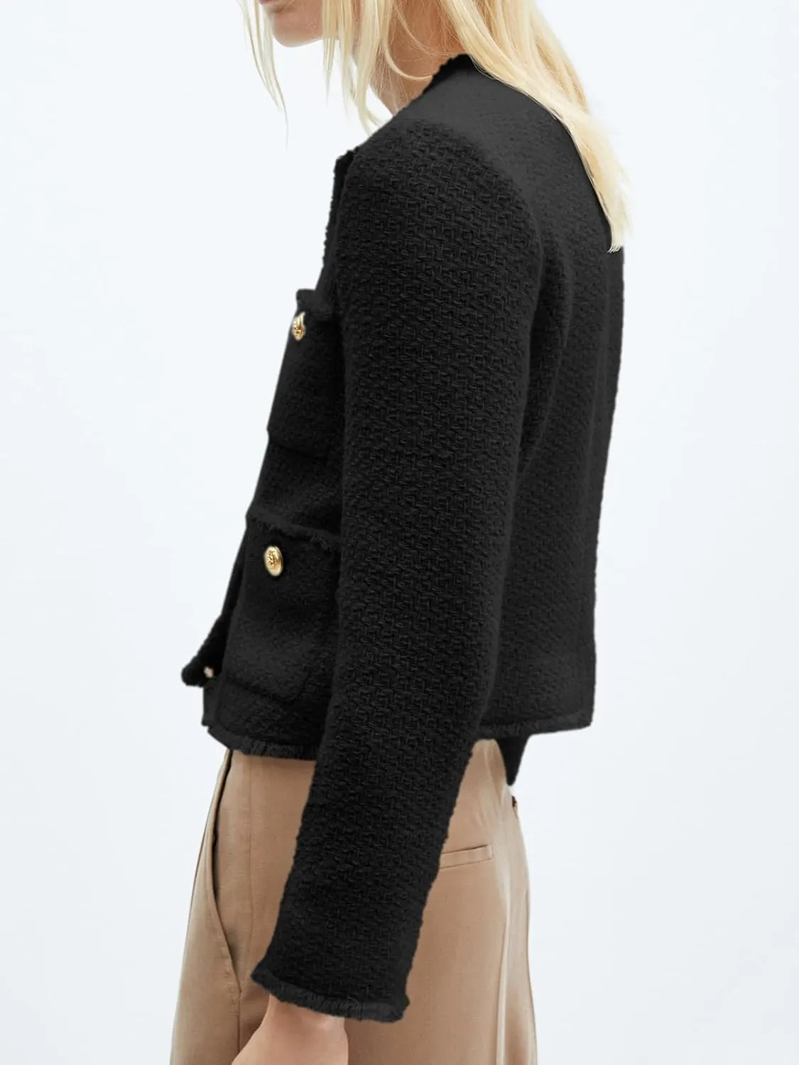 Cicy Bell Womens Cropped Tweed Blazer Collarless Casual Business Suit Jacket Fall Elegant Outerwear
