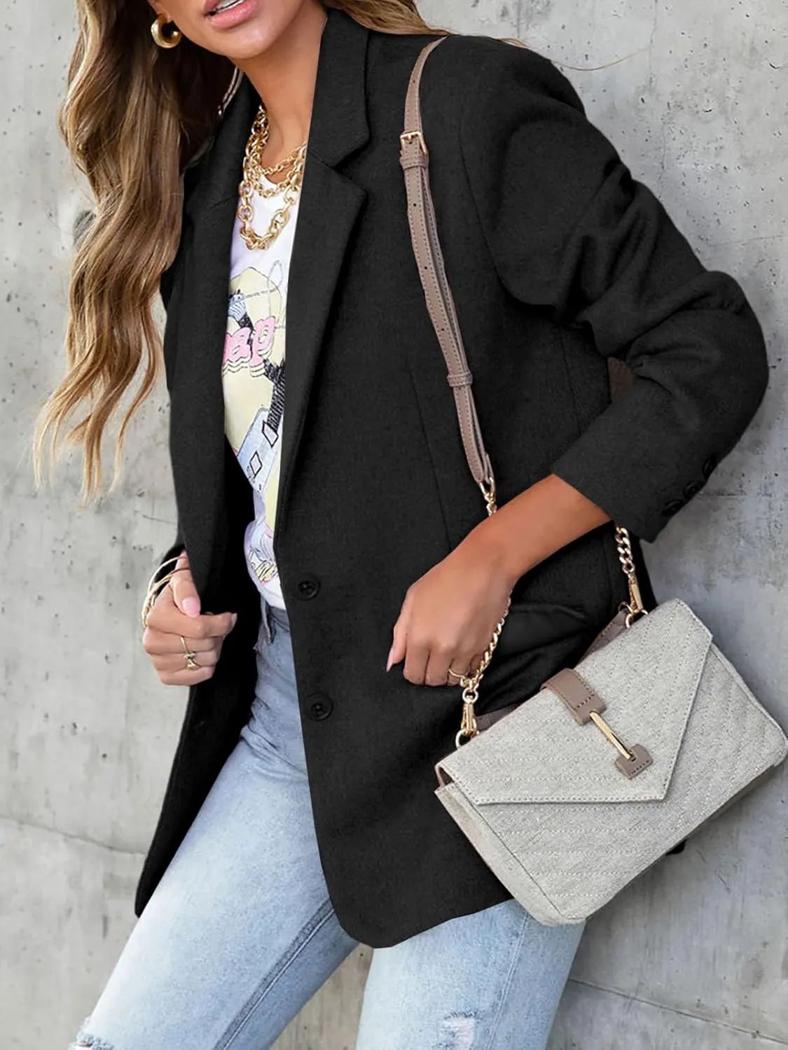 Cicy Bell Women's Woolen Blazer Jackets Casual Long Sleeve Notch Lapel Open Front Work Office Blazers