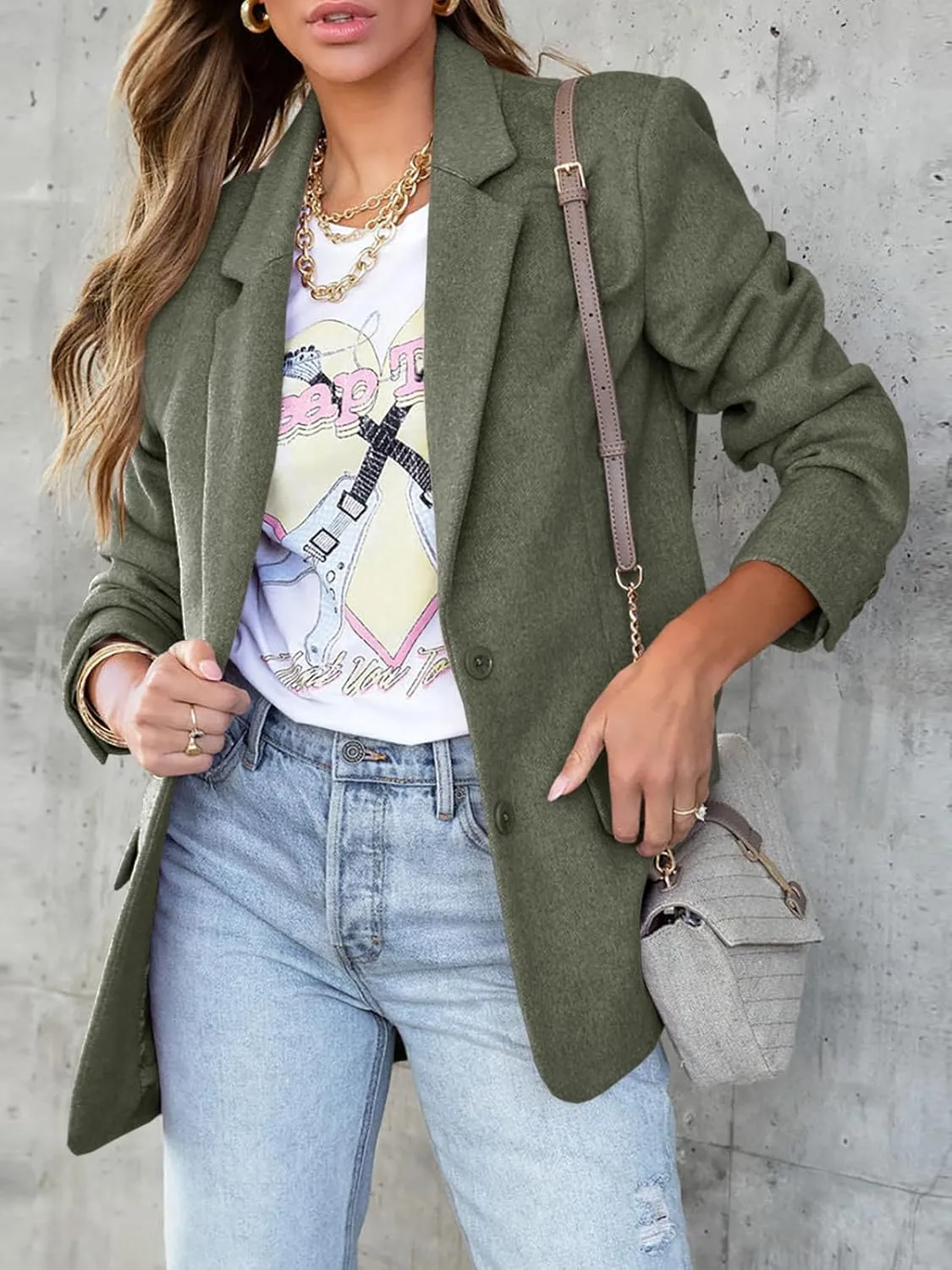 Cicy Bell Women's Woolen Blazer Jackets Casual Long Sleeve Notch Lapel Open Front Work Office Blazers