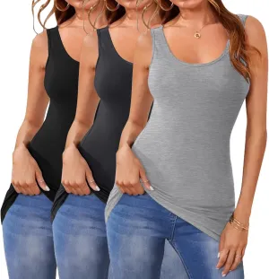 Cotton Long Tank Tops for Women Stretchy Sleeveless Layering Camisole Undershirts Running Yoga 3 Packs