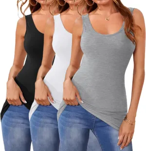 Cotton Long Tank Tops for Women Stretchy Sleeveless Layering Camisole Undershirts Running Yoga 3 Packs