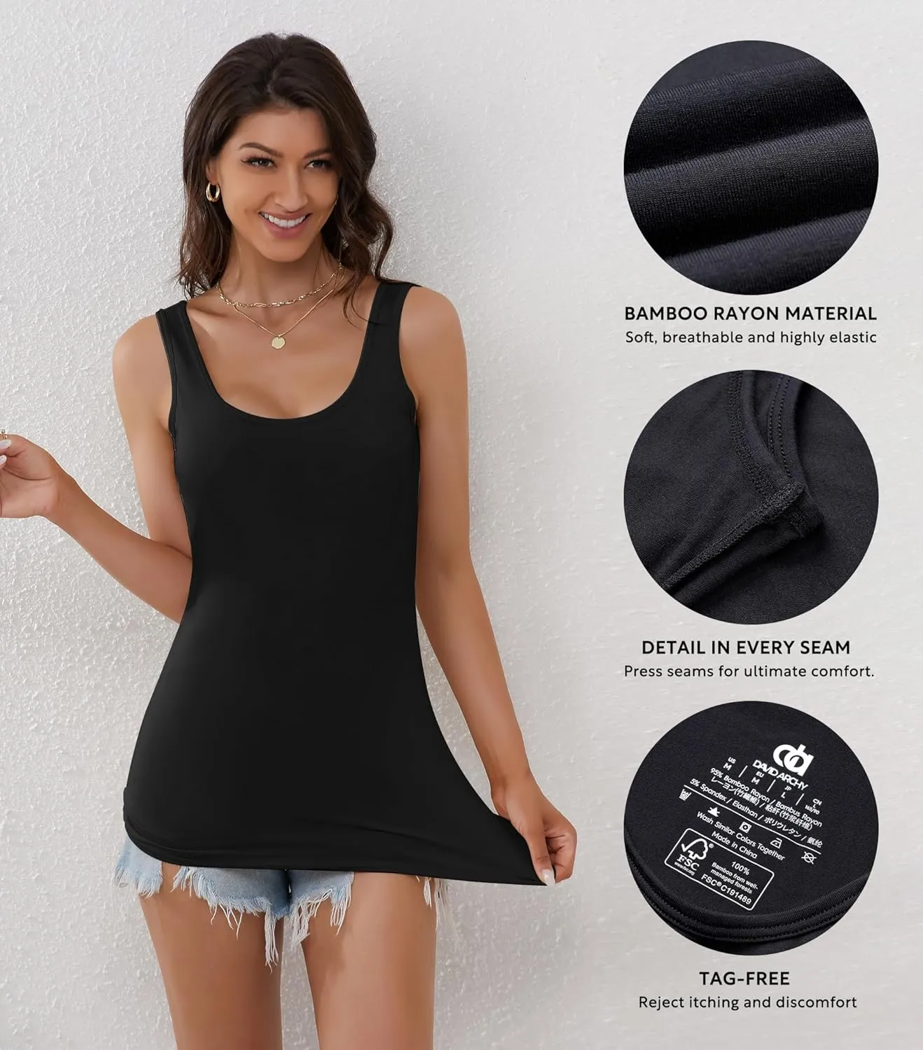 DAVID ARCHY Tank Tops for Women Bamboo Rayon Women's Camisoles Undershirts 3 Pack