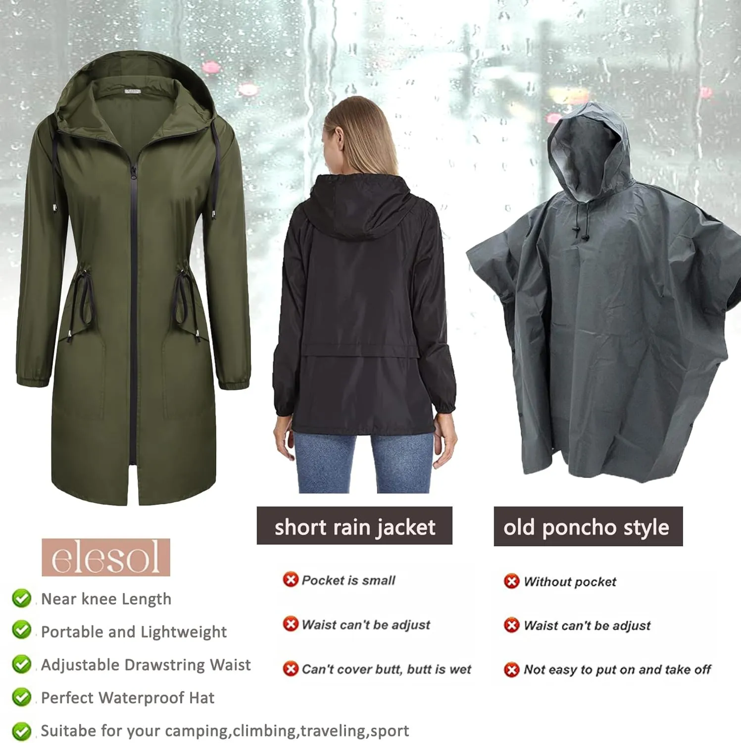 ELESOL Women Rain Jacket Waterproof Long Rain Coats Hooded Windbreaker Lightweight Raincoats Travel Hooded Trench Coats S-3XL