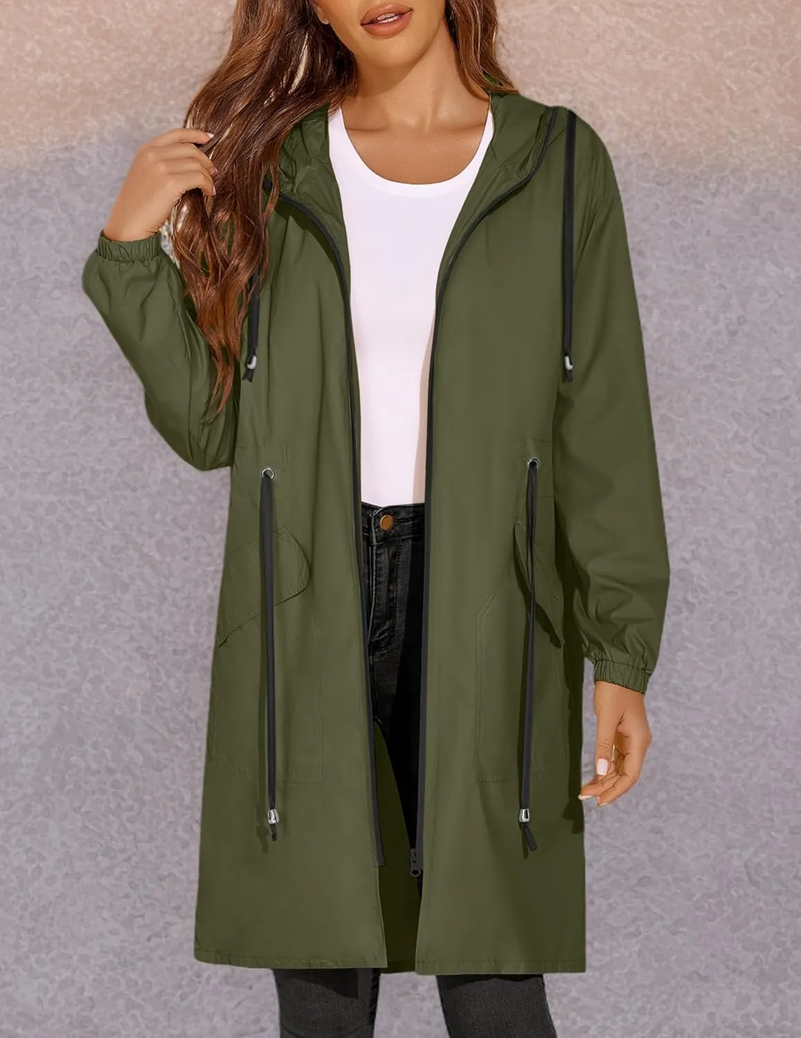 ELESOL Women Rain Jacket Waterproof Long Rain Coats Hooded Windbreaker Lightweight Raincoats Travel Hooded Trench Coats S-3XL