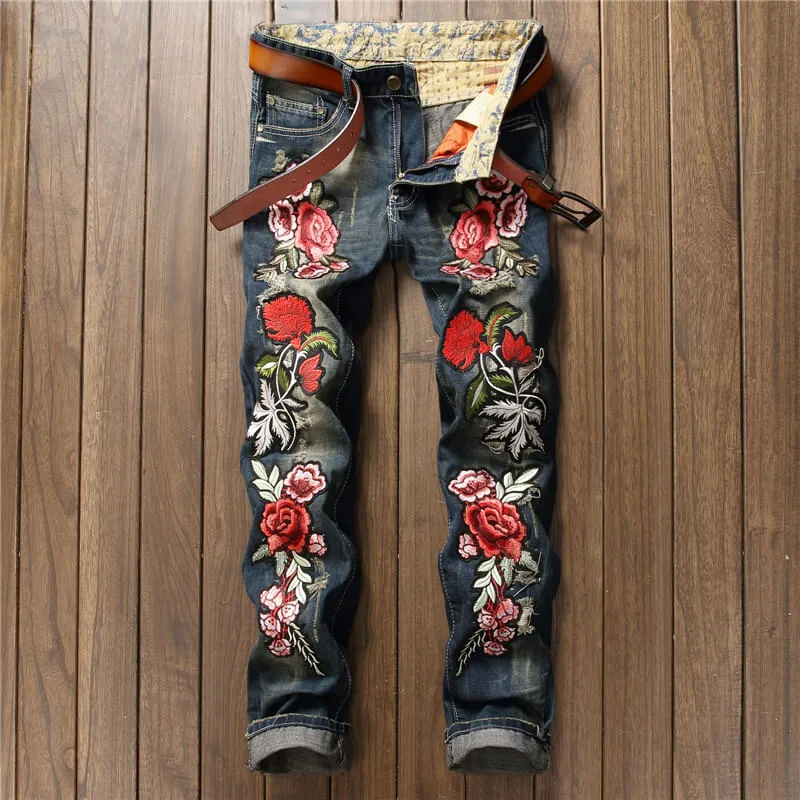 Embroidery Rose Fit Slim Men's Jeans Mid Waist Straight Pants
