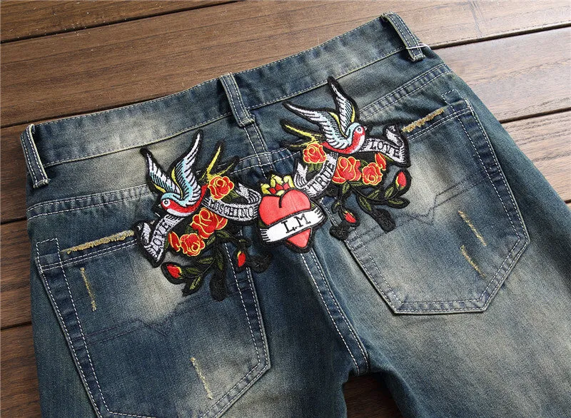Embroidery Rose Fit Slim Men's Jeans Mid Waist Straight Pants