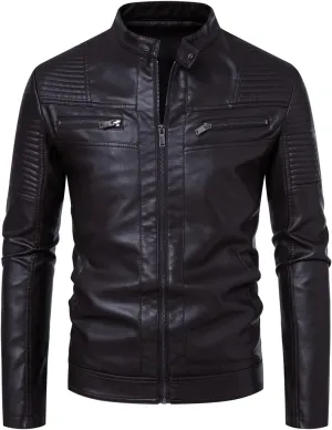 FANARCHER Leather Jacket Men Casual Stand Collar Windbreaker with Zipper Pockets