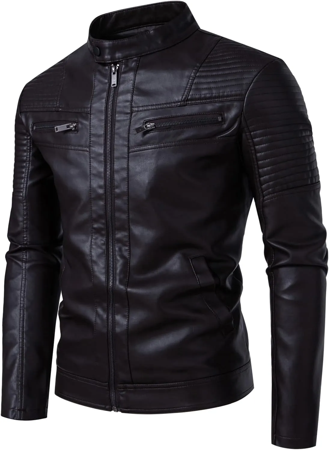 FANARCHER Leather Jacket Men Casual Stand Collar Windbreaker with Zipper Pockets
