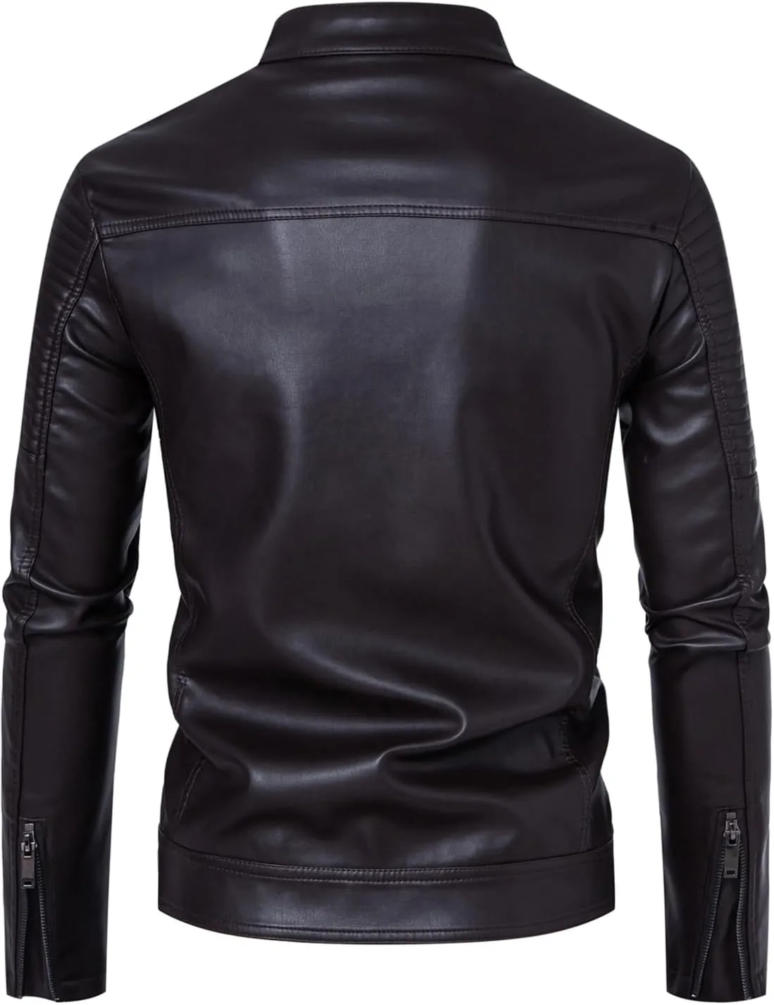 FANARCHER Leather Jacket Men Casual Stand Collar Windbreaker with Zipper Pockets