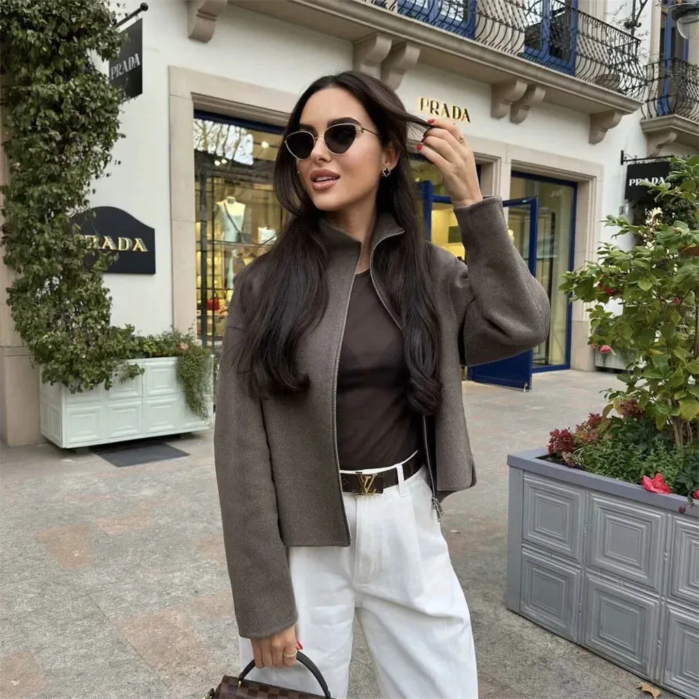 Fashionkova 2024 spring and summer new women's double zipper round neck casual jacket coat