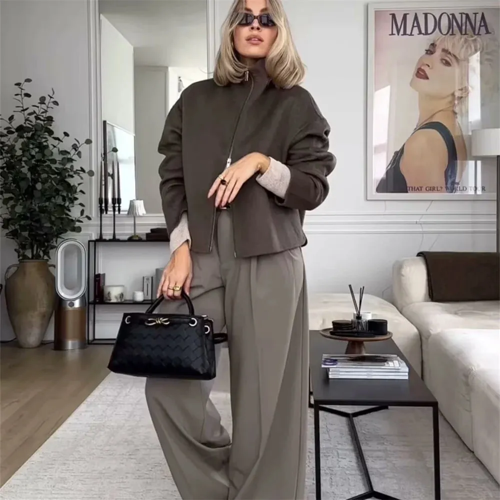 Fashionkova 2024 spring and summer new women's double zipper round neck casual jacket coat