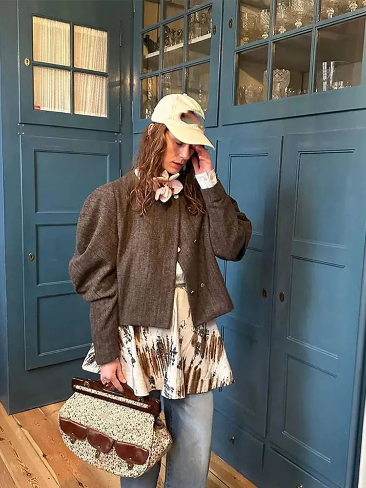 Fashionkova Lady Unique Puff Sleeve Solid Color Short Coat Elegant Round Neck Double Breasted Loose Jacket Autumn New Woman High Street Wear