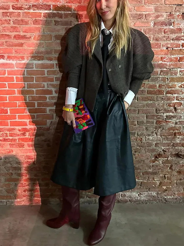 Fashionkova Lady Unique Puff Sleeve Solid Color Short Coat Elegant Round Neck Double Breasted Loose Jacket Autumn New Woman High Street Wear
