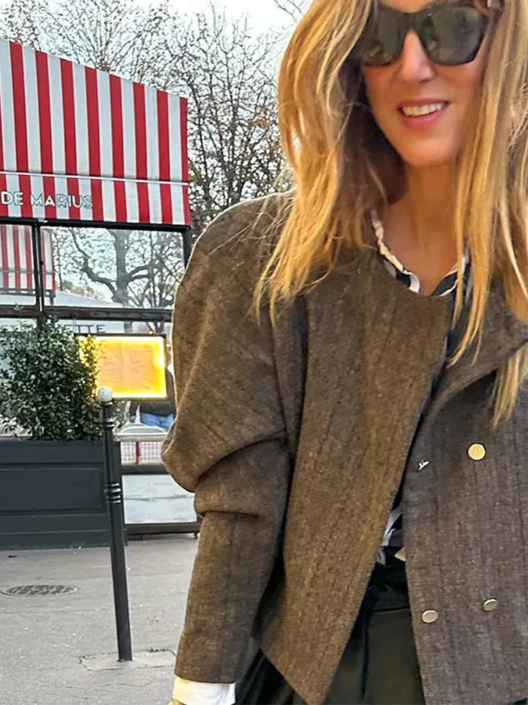 Fashionkova Lady Unique Puff Sleeve Solid Color Short Coat Elegant Round Neck Double Breasted Loose Jacket Autumn New Woman High Street Wear