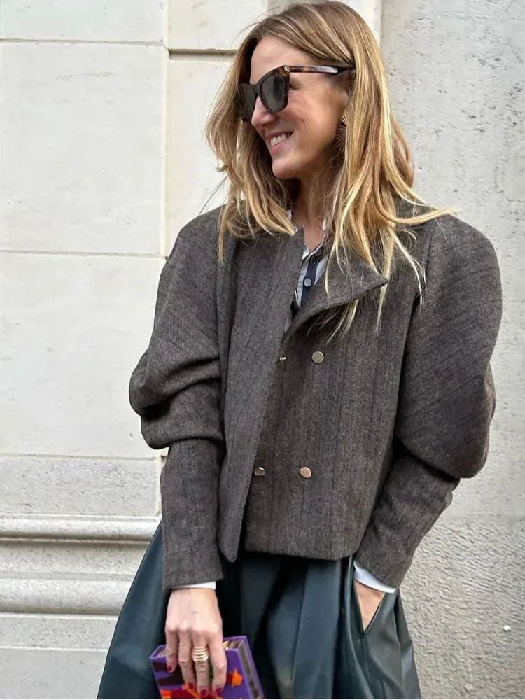 Fashionkova Lady Unique Puff Sleeve Solid Color Short Coat Elegant Round Neck Double Breasted Loose Jacket Autumn New Woman High Street Wear