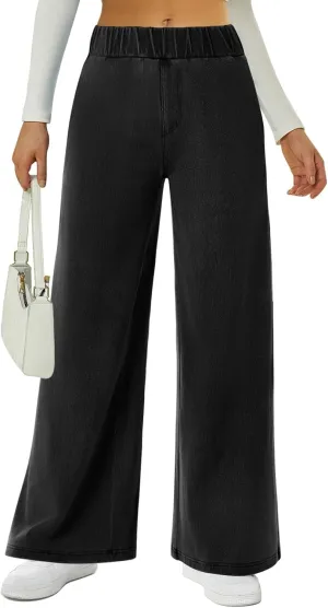 FireSwan Women's Wide Leg Jeans Stretchy Mid Rise Elastic Waist Jeans Baggy Loose Denim Pants with Pockets Trendy Casual