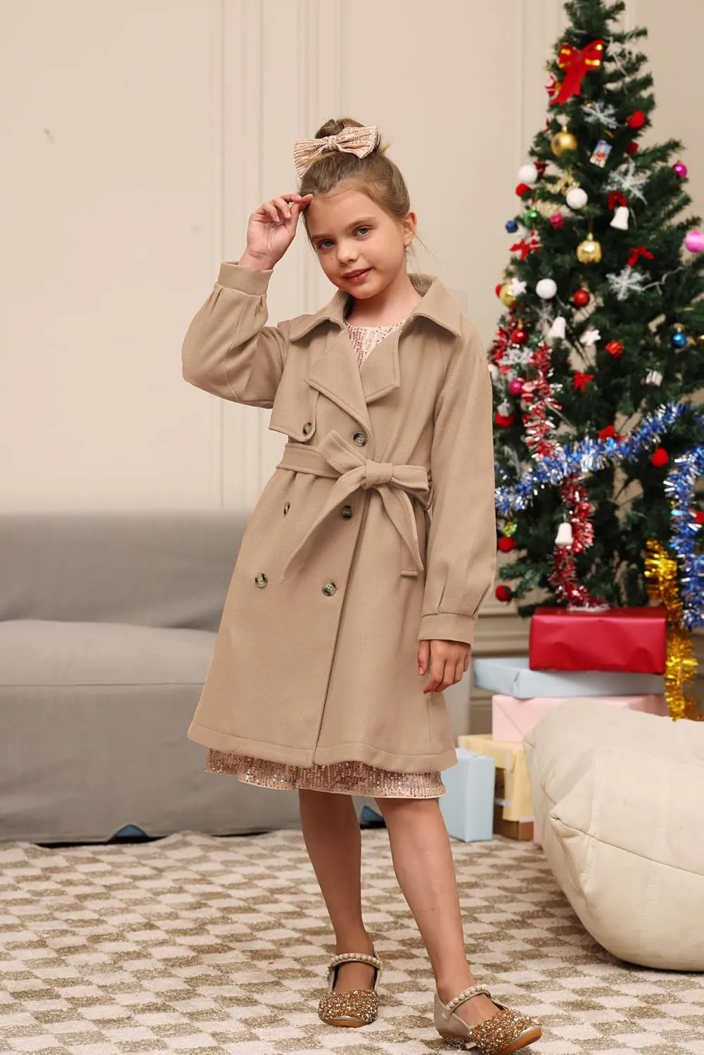 GRACE KARIN Girls Dress Coat Lapel Wool Blend Long Winter Jackets with Pockets Belt 6-14Y