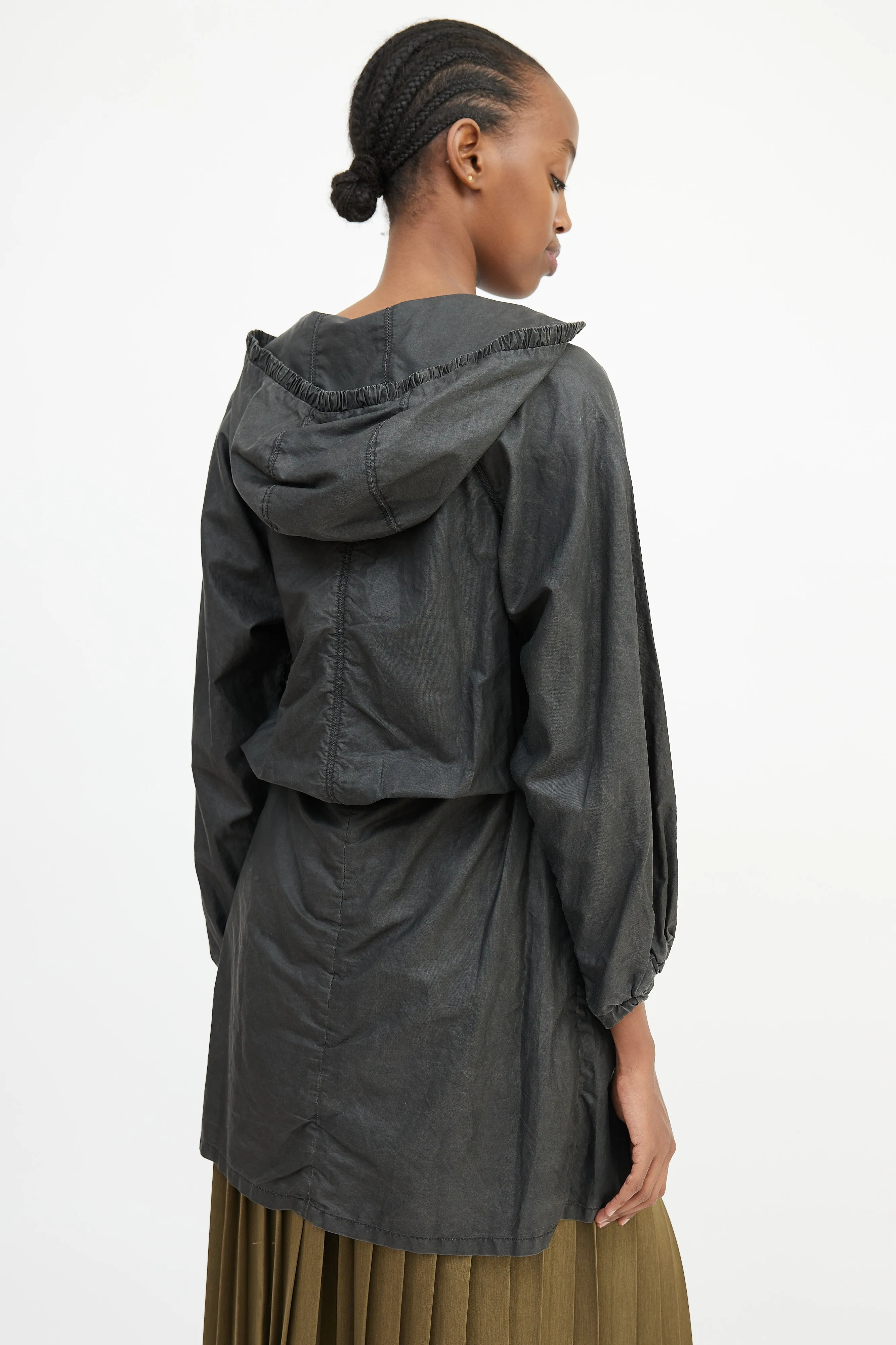 Grey Waxed Cotton Hooded Coat