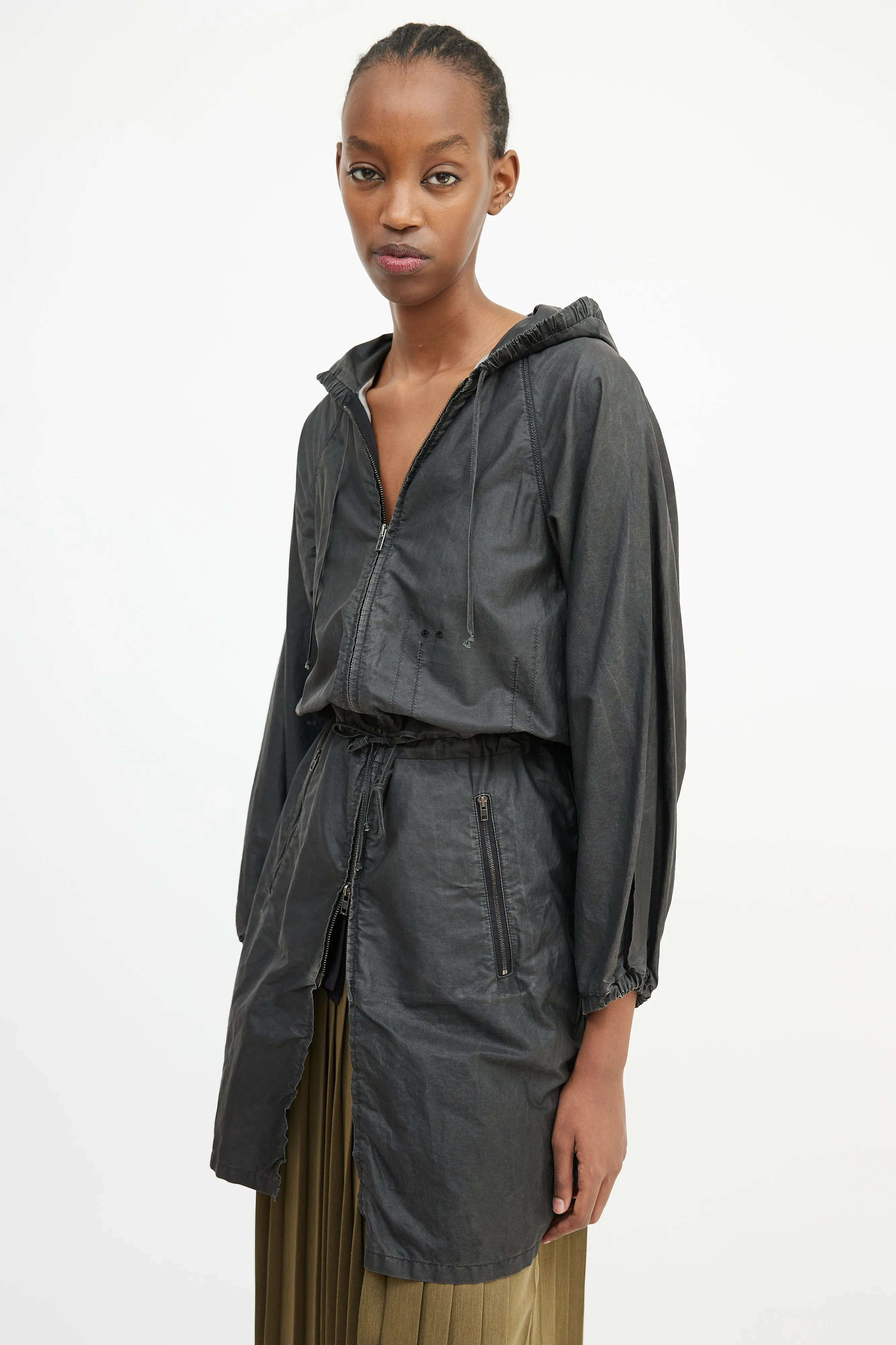 Grey Waxed Cotton Hooded Coat