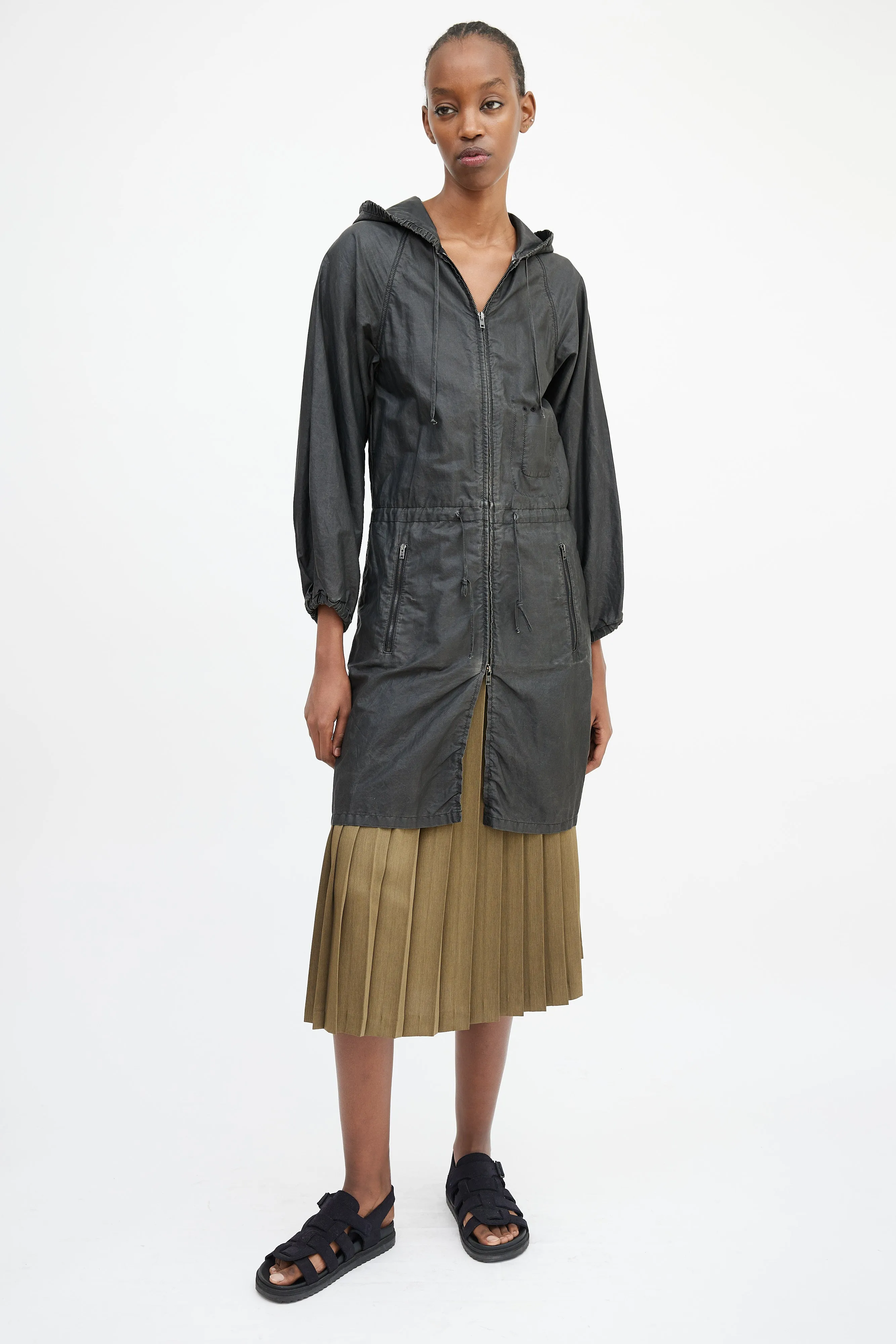 Grey Waxed Cotton Hooded Coat