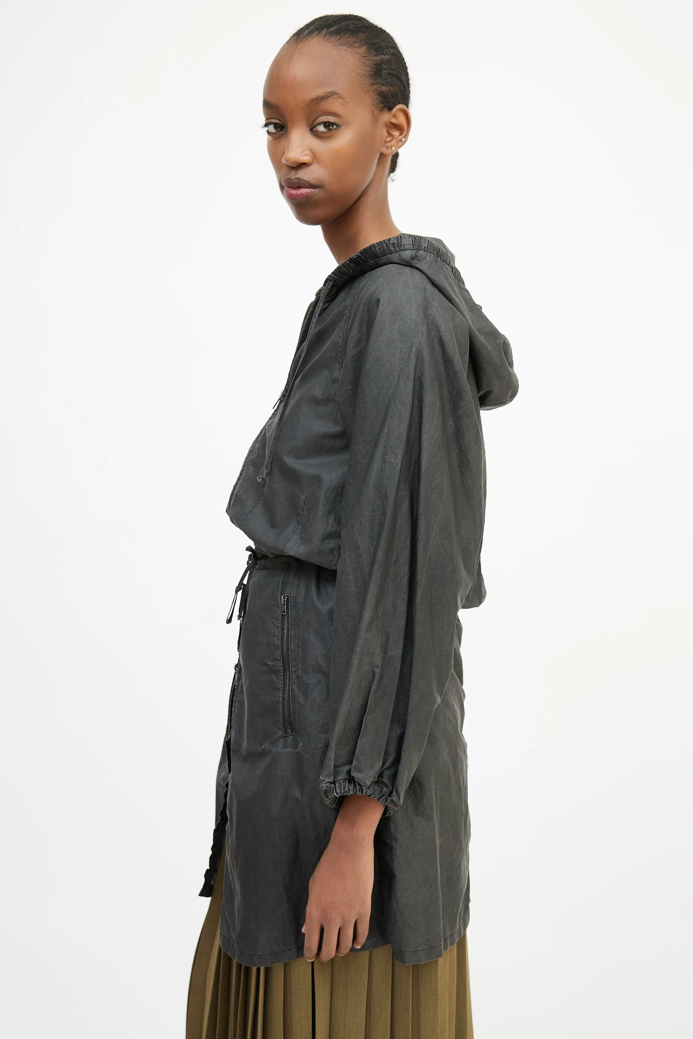 Grey Waxed Cotton Hooded Coat