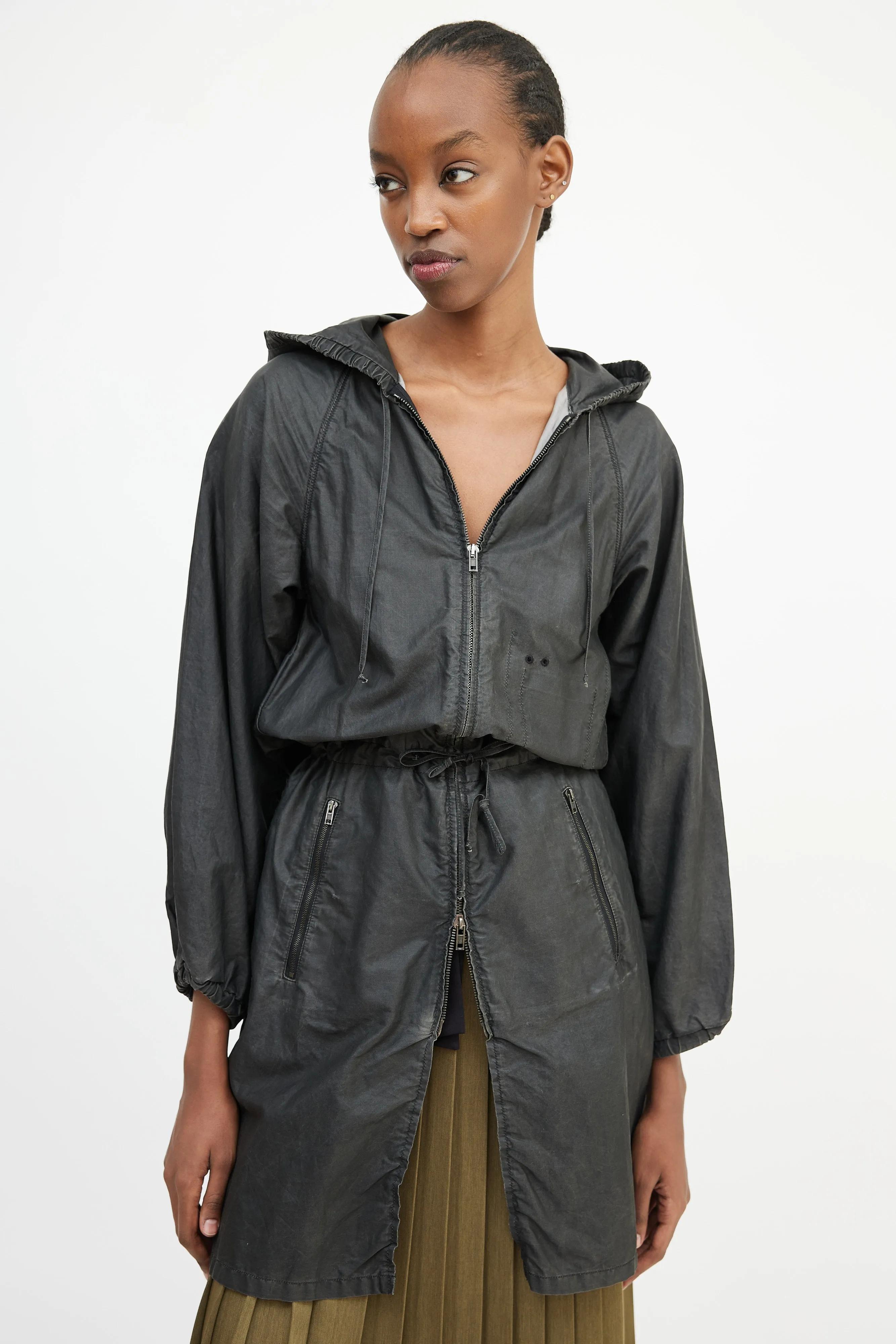 Grey Waxed Cotton Hooded Coat