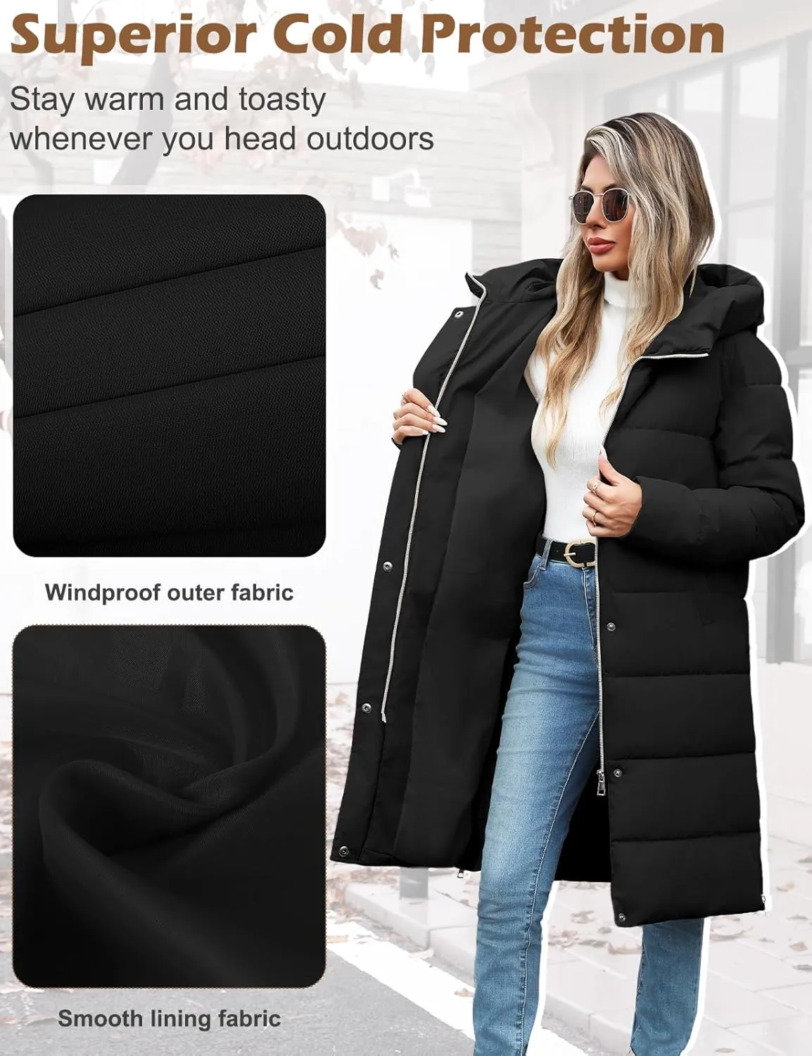 HEEKPEK Womens Winter Long Puffer Coats Down Thicken Warm Quilted Jacket Mid-Length with Side Zipper and Hood Outerwear