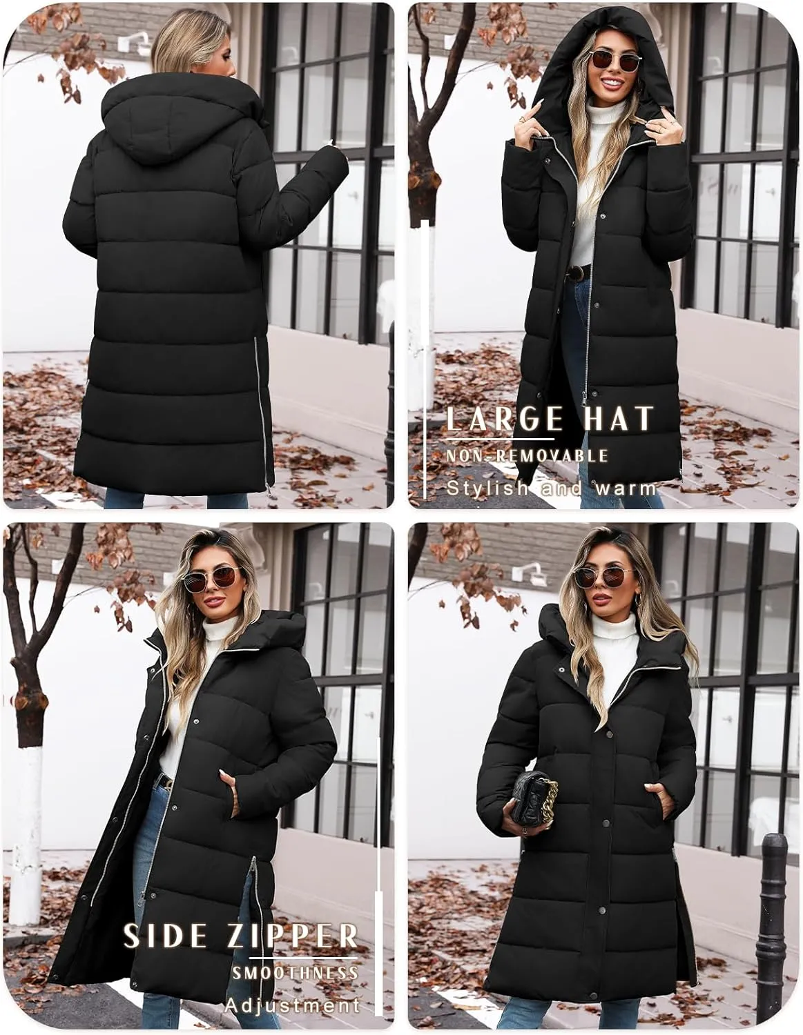 HEEKPEK Womens Winter Long Puffer Coats Down Thicken Warm Quilted Jacket Mid-Length with Side Zipper and Hood Outerwear