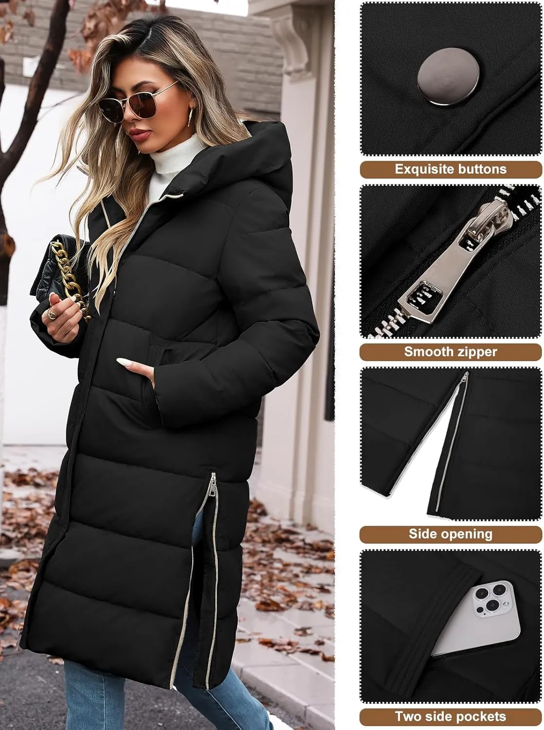HEEKPEK Womens Winter Long Puffer Coats Down Thicken Warm Quilted Jacket Mid-Length with Side Zipper and Hood Outerwear