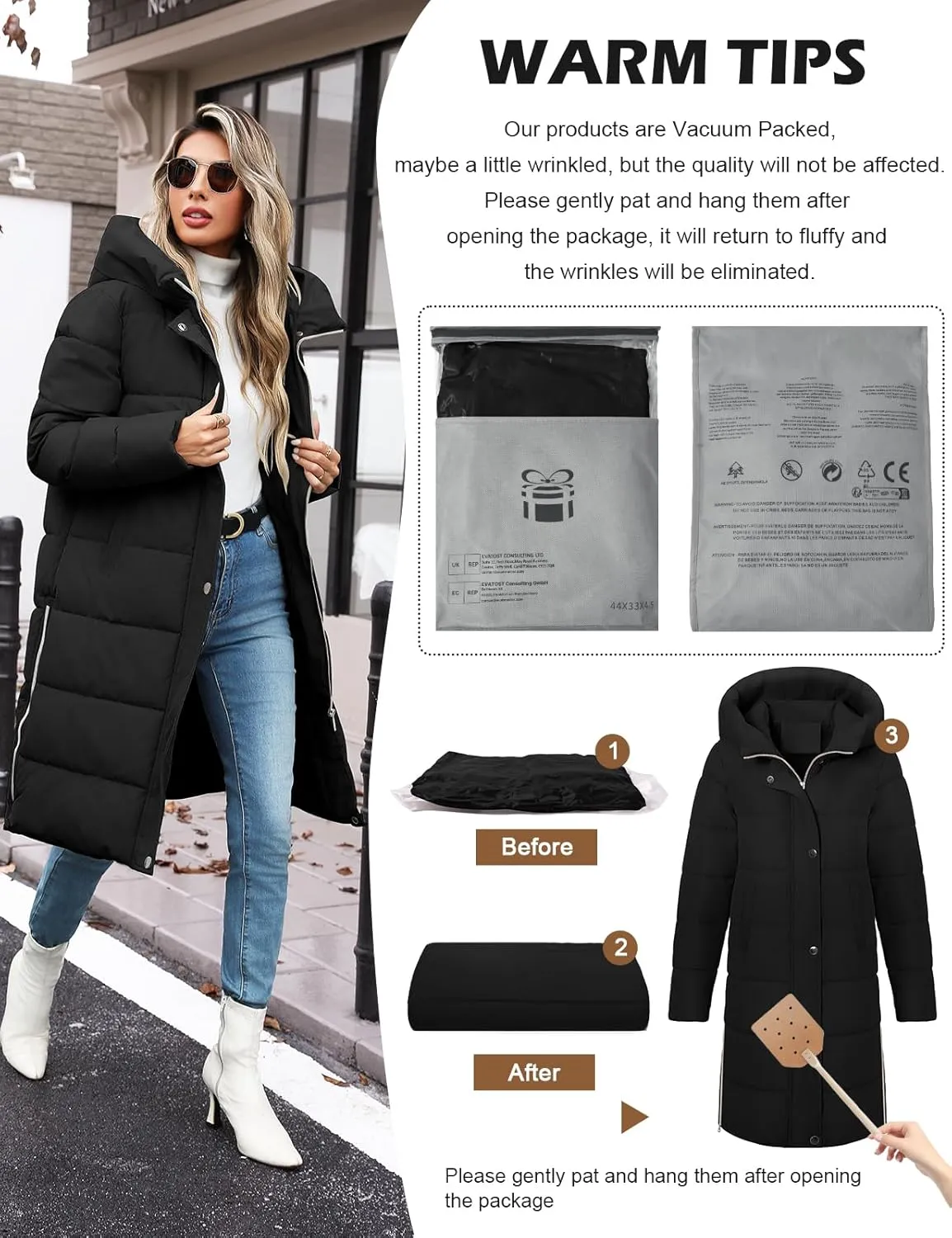 HEEKPEK Womens Winter Long Puffer Coats Down Thicken Warm Quilted Jacket Mid-Length with Side Zipper and Hood Outerwear