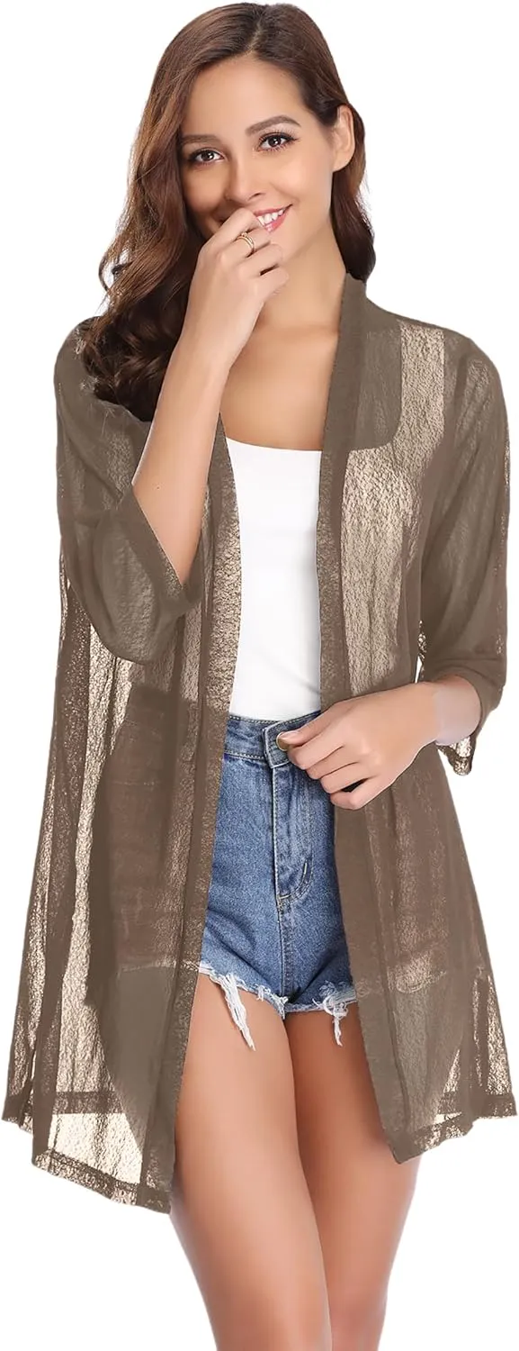 iClosam Women Casual 3/4 Sleeve Sheer Open Front Cardigan Sweater Kimono