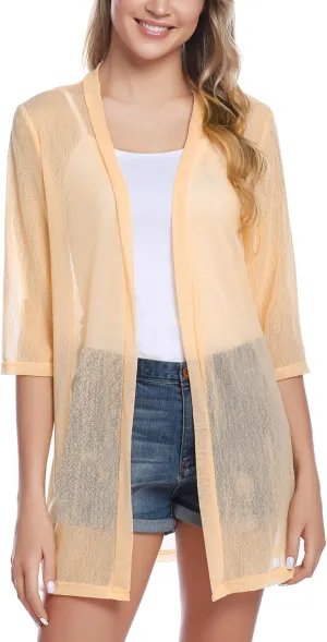 iClosam Women Casual 3/4 Sleeve Sheer Open Front Cardigan Sweater Kimono