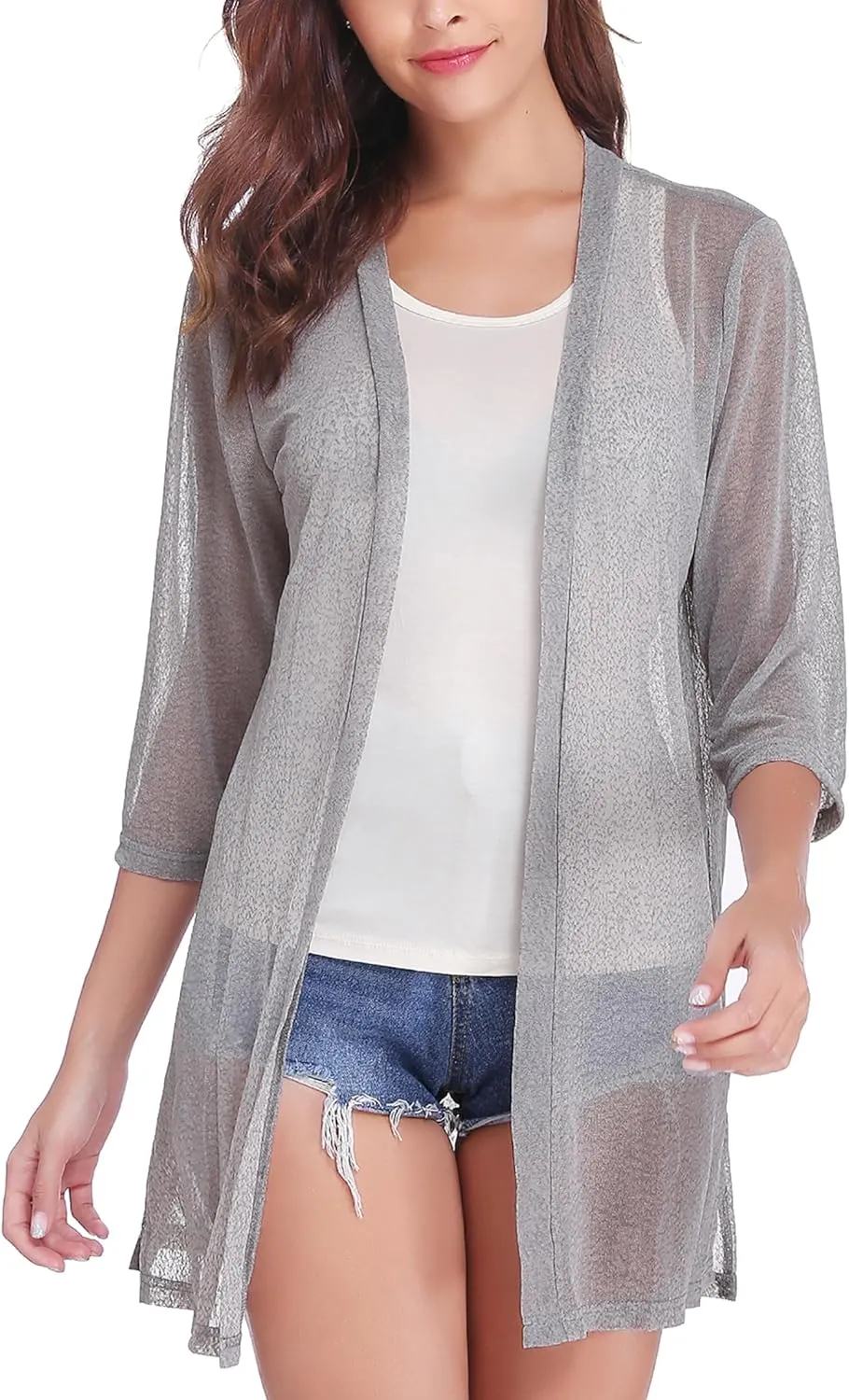 iClosam Women Casual 3/4 Sleeve Sheer Open Front Kimono Cardigan Sweater Grey