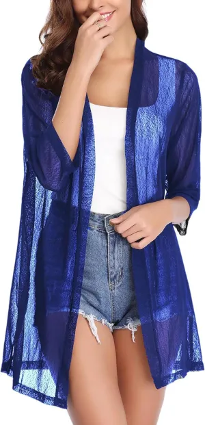 iClosam Women Casual 3/4 Sleeve Sheer Open Front Kimono Cardigan Sweater Royal Blue