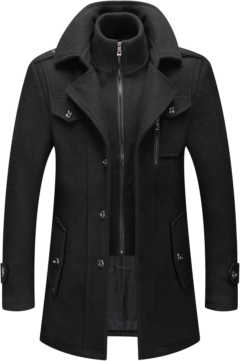 INVACHI Men's Wool Blend Coat Warm Winter Trench Coat with Detachable Soft Scarf Single Breasted Pea Coat