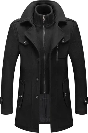 INVACHI Men's Wool Blend Coat Warm Winter Trench Coat with Detachable Soft Scarf Single Breasted Pea Coat