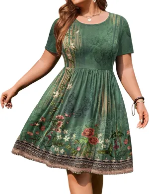 IN'VOLAND Womens Plus Size Dresses Short Sleeves Round Neck Casual Dresses Empire Waist Loose Flowy Dress with Pockets Green Floral