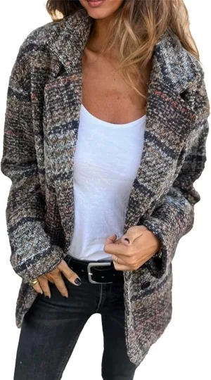 IVERIRMIN Women's Plaid Double Breasted Blazer Pea Coats Tweed Notch Lapel Trench Overcoats Winter Vintage Outerwear Jackets