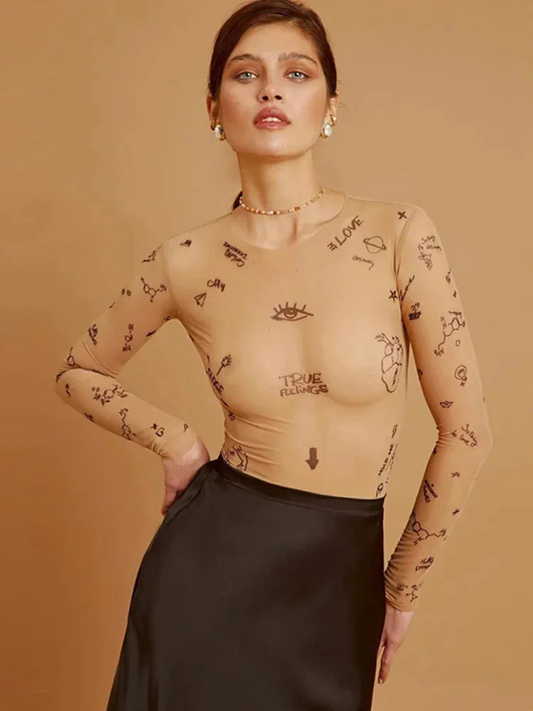 JANELLA  Modern Print Mesh Bodysuit