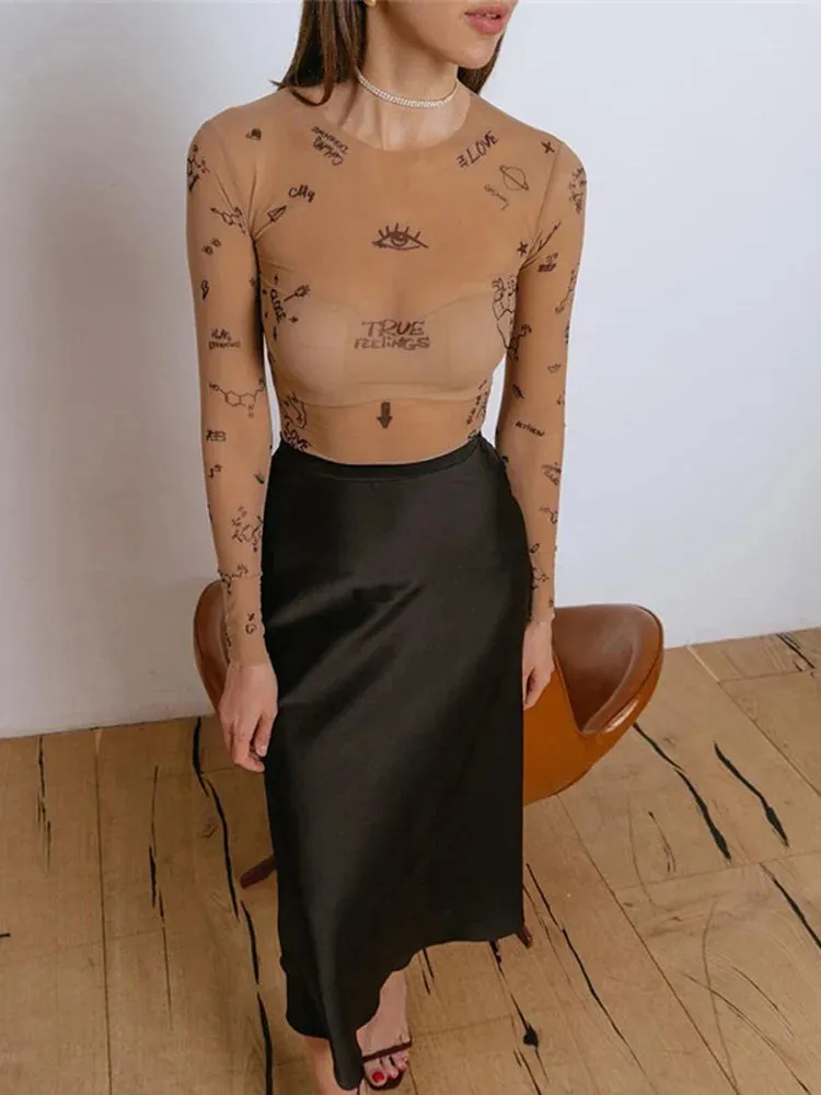 JANELLA  Modern Print Mesh Bodysuit