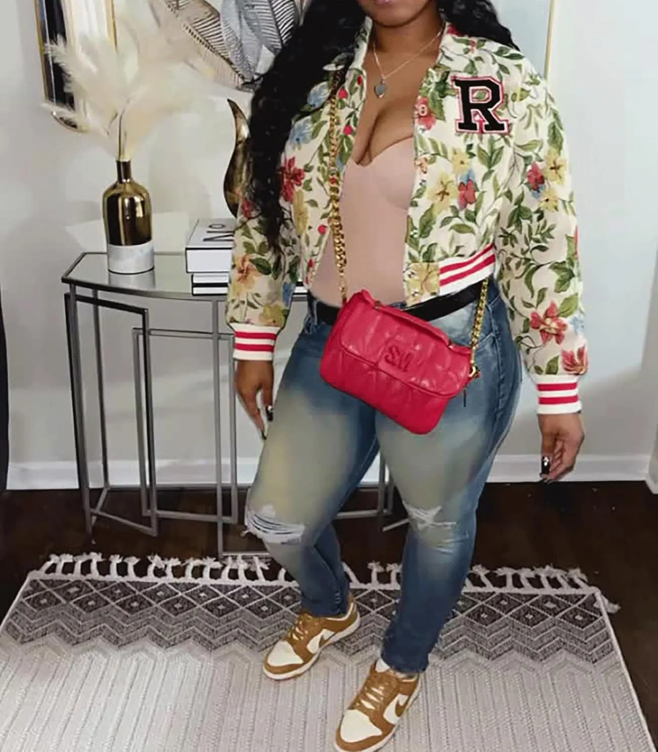 KANSOON Varsity Jacket Women Bomber Textured Floral Cropped Jackets Letterman Snap Buttons Long Sleeves Coats