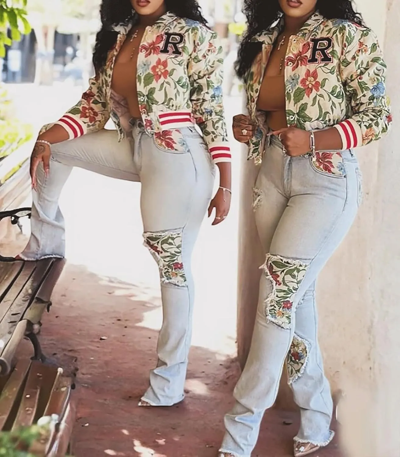 KANSOON Varsity Jacket Women Bomber Textured Floral Cropped Jackets Letterman Snap Buttons Long Sleeves Coats