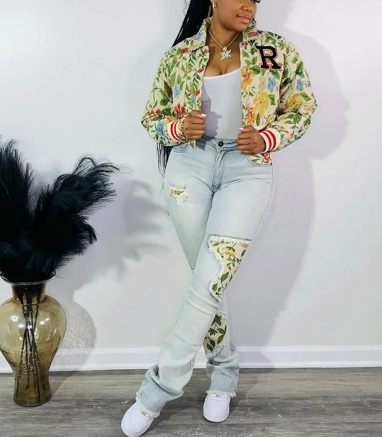 KANSOON Varsity Jacket Women Bomber Textured Floral Cropped Jackets Letterman Snap Buttons Long Sleeves Coats