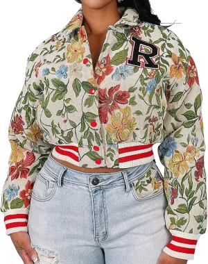 KANSOON Varsity Jacket Women Bomber Textured Floral Cropped Jackets Letterman Snap Buttons Long Sleeves Coats