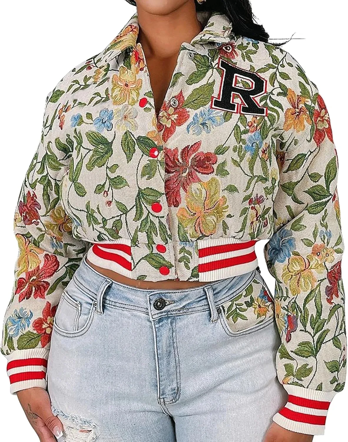 KANSOON Varsity Jacket Women Bomber Textured Floral Cropped Jackets Letterman Snap Buttons Long Sleeves Coats